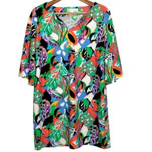 Jude Connally Dress Size 8 Abstract Colorful Floral Stretch Bell Sleeve V Neck